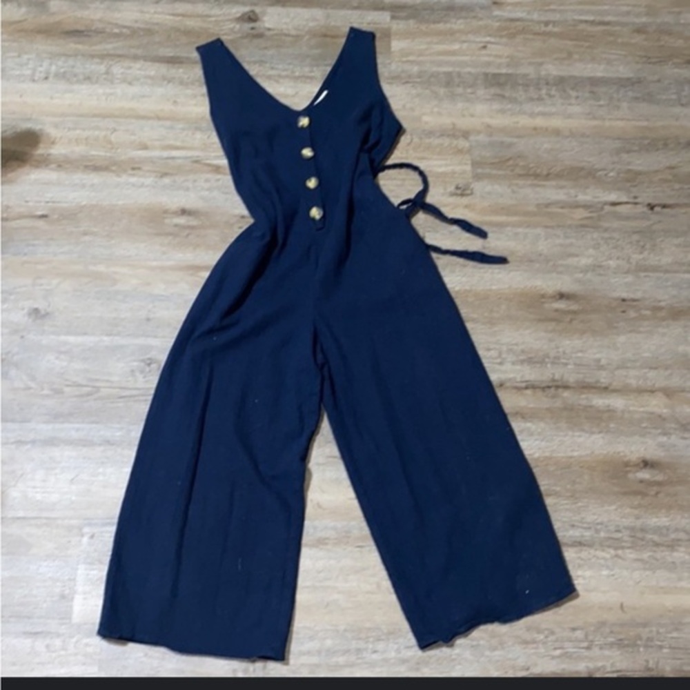 Monteau Linen Blue Buttoned belted cropped wide leg lined Jumpsuit size large